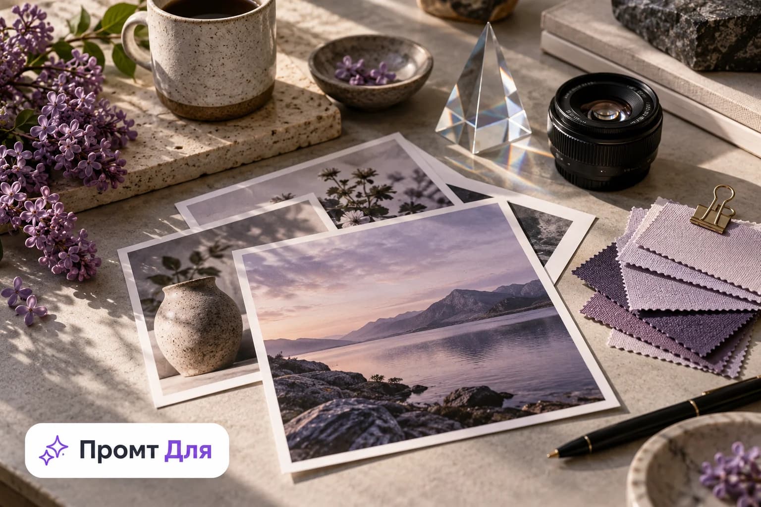 Композиция из фотографий, цветовых образцов и стеклянной призмы