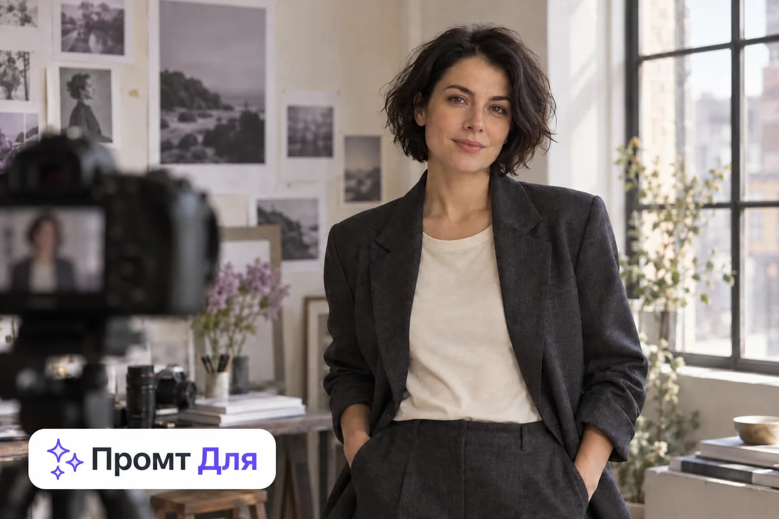 Деловой портрет женщины у окна в фотостудии
