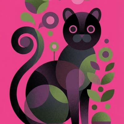 ✏  geometric illustration of a black cat sitting on a vibran