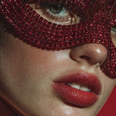 ✏  young woman with fair skin, red lips, posing with red cry