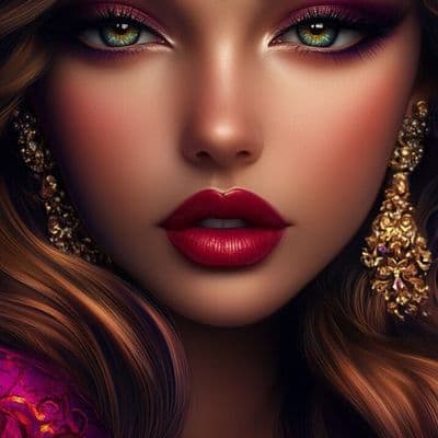 ✏  stylish woman with long hair in soft curls, dramatic red 