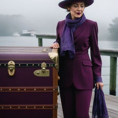 ✏  A lady standing in front of her steamer trunk, wearing a 