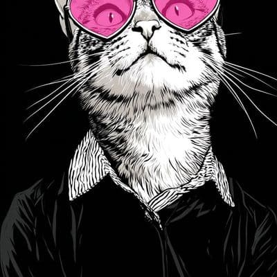 ✏  white cat wearing pink heart-shaped glasses, black and wh