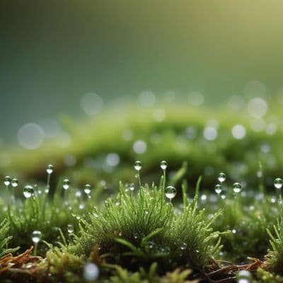 ✏  Emerald forest moss covered in tiny dew droplets, side-li