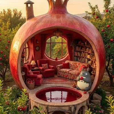 ✏  A cozy house shaped like a pomegranate. Its interior is f