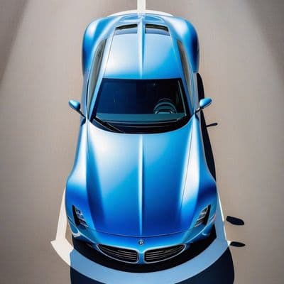 ✏  streamlined blue sports car, symmetrical shot, in reflect