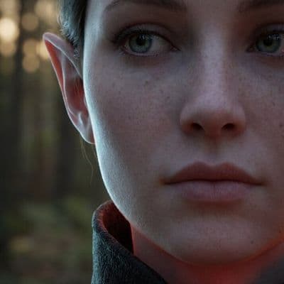 ✏  Extreme close-up on the elven woman's face, focusing on eyes and expression. 