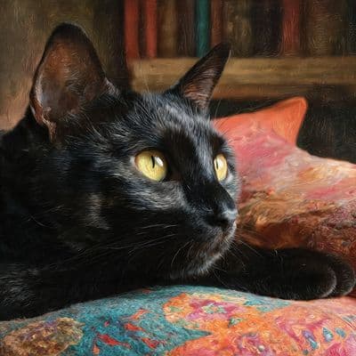 ✏  Oil close-up of a sleek black cat with bright yellow eyes lying on a decorati