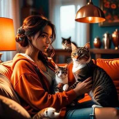✏  A woman petting her dog and cat, sitting on the sofa at home, real photo with