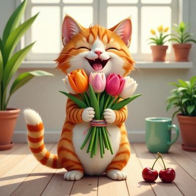 ✏  A charming, lively ginger cat with a bright bouquet of tulips. The cat's fur 