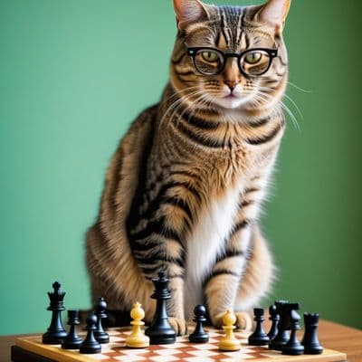 ✏  a tabby cat seated on one side of a tiny table, wearing oversized glasses and