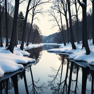 ✏  A serene winter landscape featuring a partially frozen body of water with smo