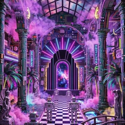✏  vaporwave marble temple interior made of circuit boards and purple smoke, sil