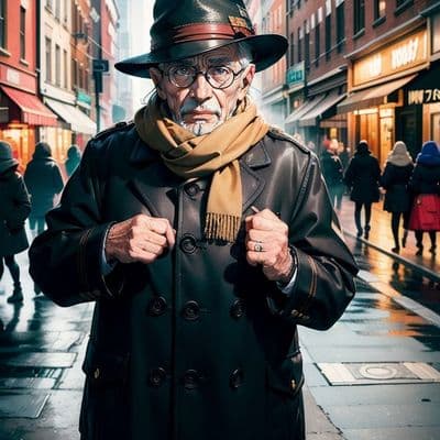 ✏  An elderly man dressed in an old coat, hat and scarf stands on the street of 