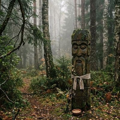 ✏  Russian countryside, a foggy forest, a statue of a pagan idol in a clearing, 