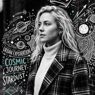 ✏  realistic young woman with short light hair wearing plaid coat over light tur