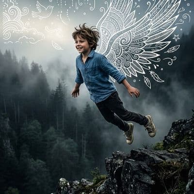 ✏  realistic boy in striped shirt, floating above rocky cliff, hand-drawn white 