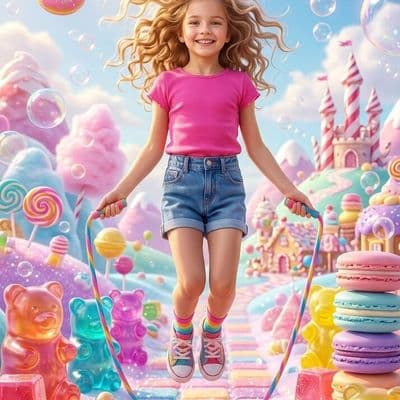 ✏  young girl jumping rope in whimsical candy world joyful smile flowing wavy ha