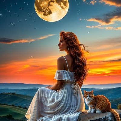 ✏  Young woman with long, wavy red hair sits on stone ledge, facing away from vi