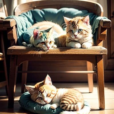 ✏  Watercolor style, vintage photographs of fluffy kittens lying on an old woode