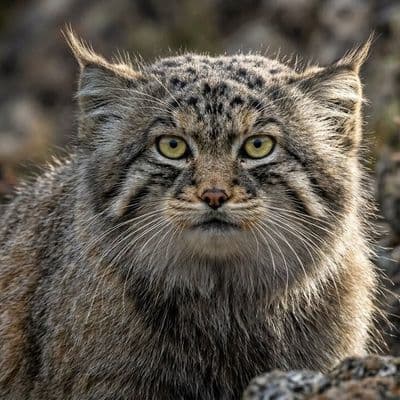 ✏  A close-up portrait of a Pallas's cat, showcasing its magnificent thick, grey