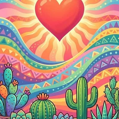 ✏  colorful succulents and cacti in the foreground, big red heart and radiant su