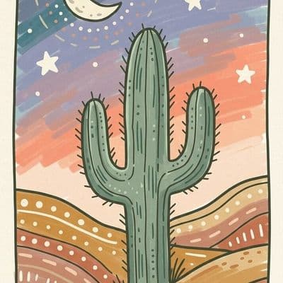 ✏  large cactus in the center, abstract patterned background, multicolored sky w