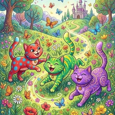 ✏  trio of cartoon cats, one red with blue spots, one green with yellow stripes,