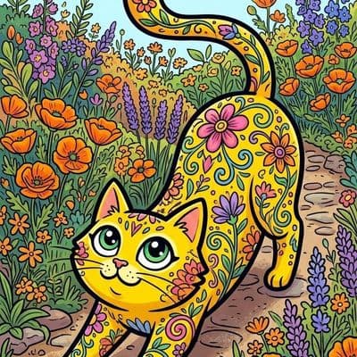 ✏  bright yellow cat with large green eyes, adorned with intricate floral patter