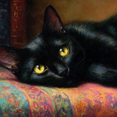 ✏  Oil close-up of a sleek black cat with bright yellow eyes lying on a decorati