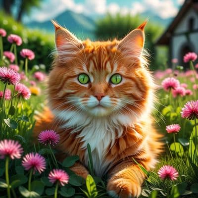✏  A calm image of a fluffy orange kawaii cat with bright green eyes, lying in t