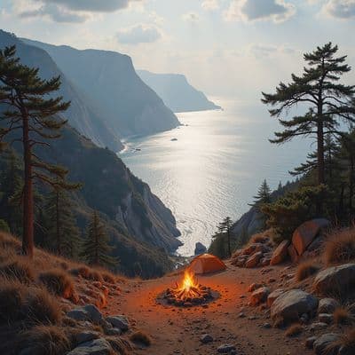 ✏  Vast seascape painting, coastal landscape, tranquil slightly overcast sky. Fo