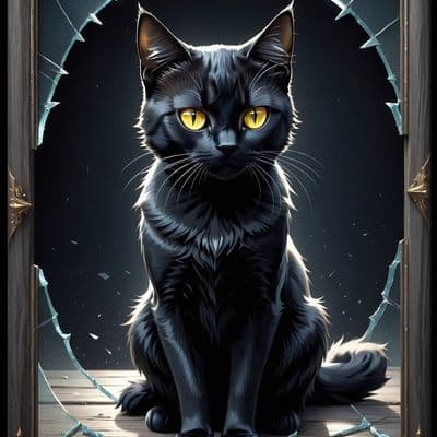 ✏  black cat, piercing yellow eyes, sleek fur, curious expression, small size, s