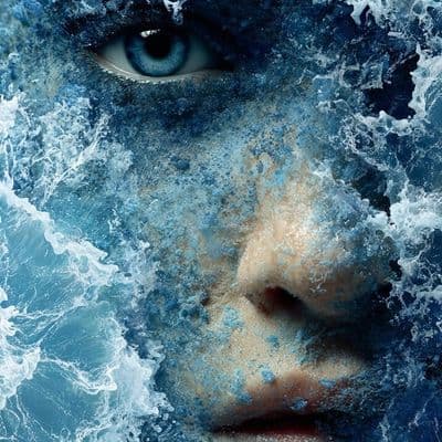 ✏  surreal blending of a woman's face into a turbulent ocean, waves crashing del