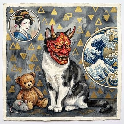 ✏  watercolor, a cat, lies on a gray background decorated with golden triangles,