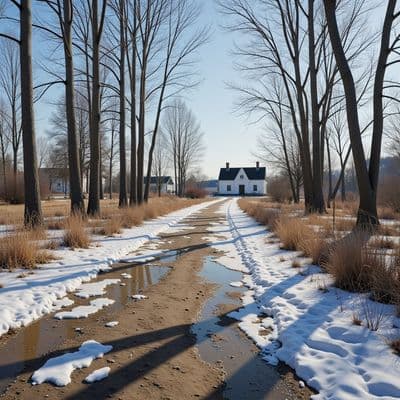 ✏  A realistic oil painting, a spring landscape with a path dotted with melting 