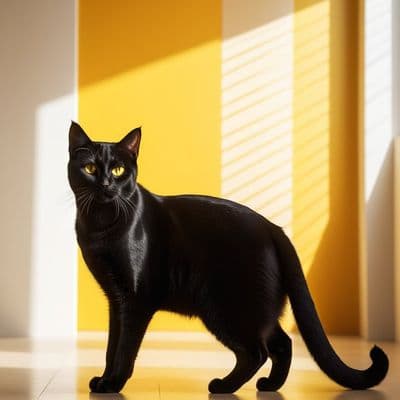 ✏  Sleek black cat with bright yellow eyes stands confidently on light-colored s