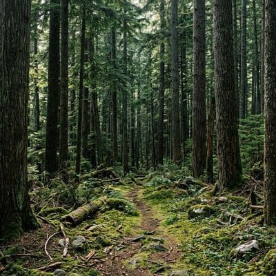 ✏  A dense forest scene with tall, mature coniferous trees dominating the frame.