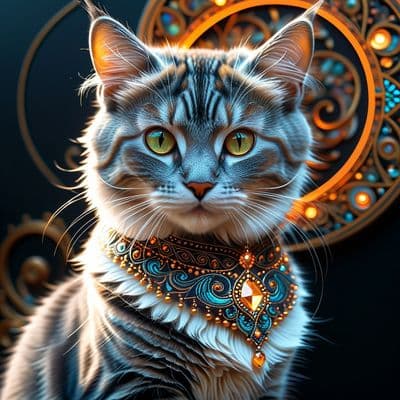 ✏  Cute and beautiful cat with shining eyes, in the style of fractal Paisley pat