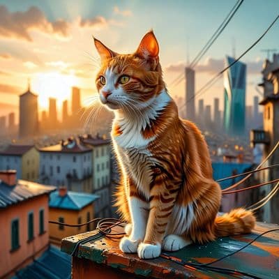 ✏  A whimsical painting depicting a ginger cat perched on the roof of a city bui