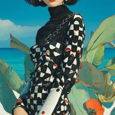 ✏  girl with short dark hair and bangs, bright red glasses, stylish black dress 
