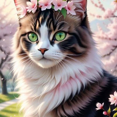 ✏  graceful cat, green eyes, pink flower crown, fluffy fur, curious expression, 