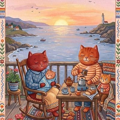 ✏  naive cozy naïf painting, sleepy orange-red cat family at a seaside balcony at dawn, panoramic co