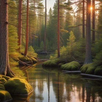 ✏  Tranquil sunset over calm river reflects warm orange and pink hues of sky. Gn