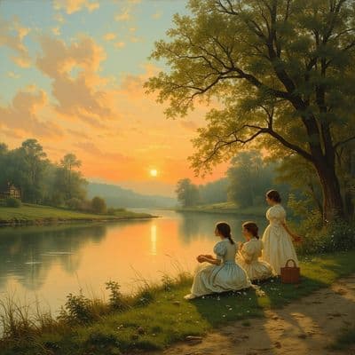 ✏  The serene landscape depicts a calm river at sunset. Three young women in flo