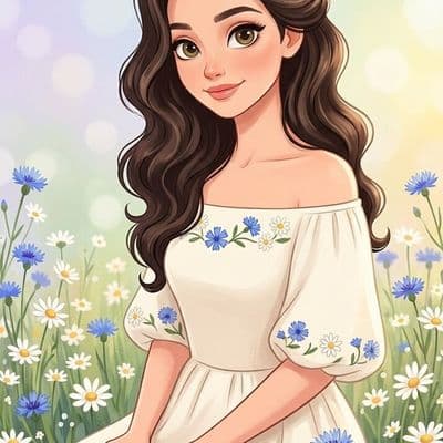 ✏  young girl with straight chestnut hair styled in elegant waves, large express