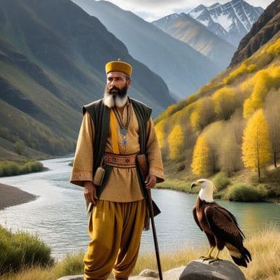 ✏  A bearded man, clad in a shirt of many hues and mustard-colored trousers wide