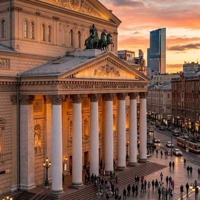 ✏  Bolshoi Theatre, Moscow, grand neoclassical facade with columns and decorativ