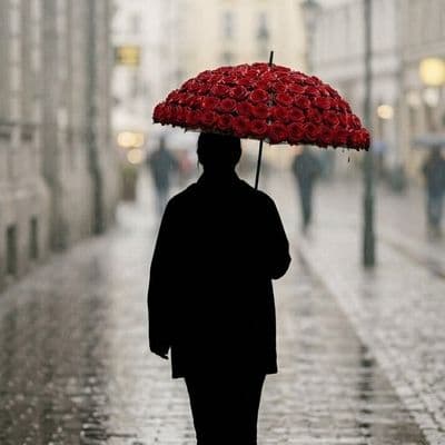 ✏  abstract rainy street scene, beautiful girl with umbrella of scarlet roses, f