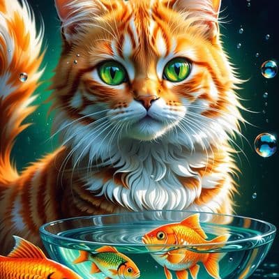 ✏  cat face, green eyes, curious expression, fish in water, vibrant orange, shin